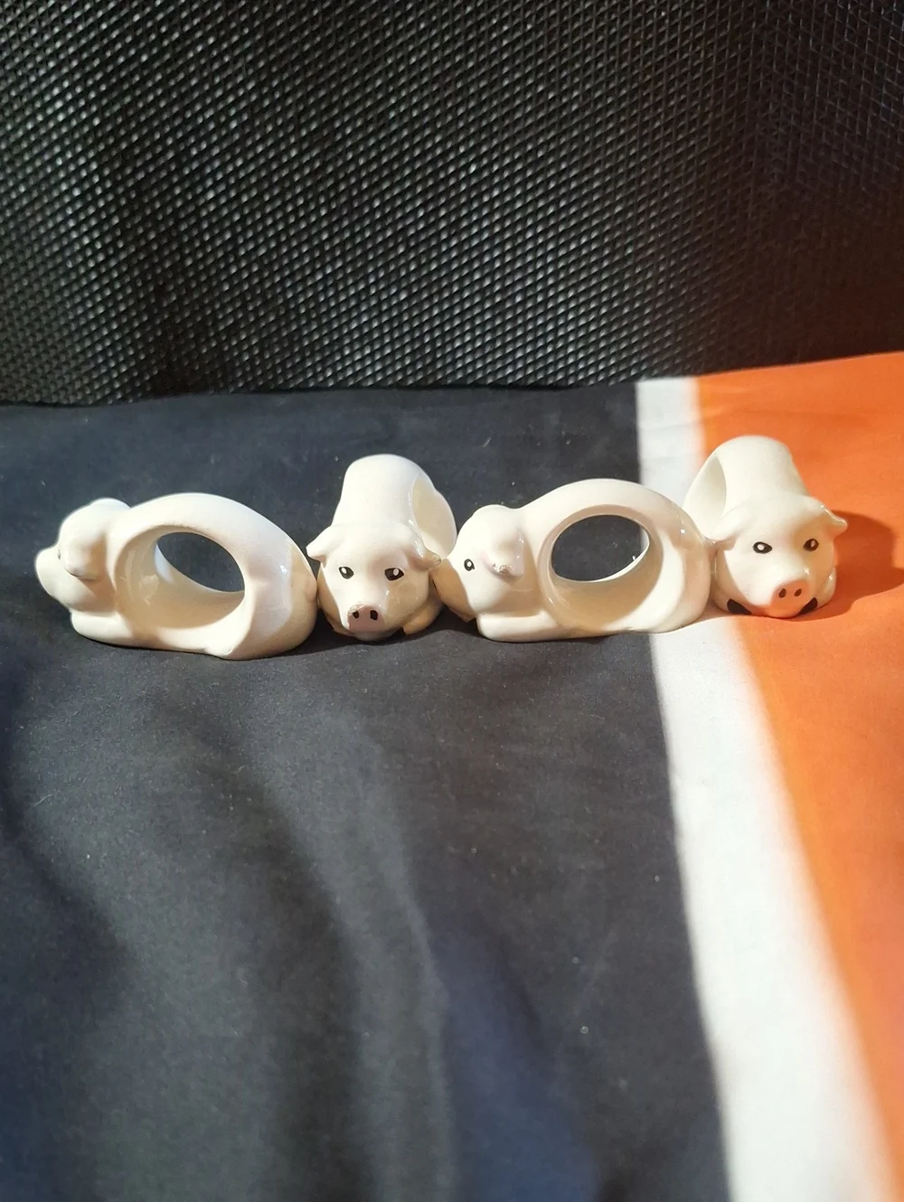 Vintage White Ceramic Pig Napkin Rings - Set of 4